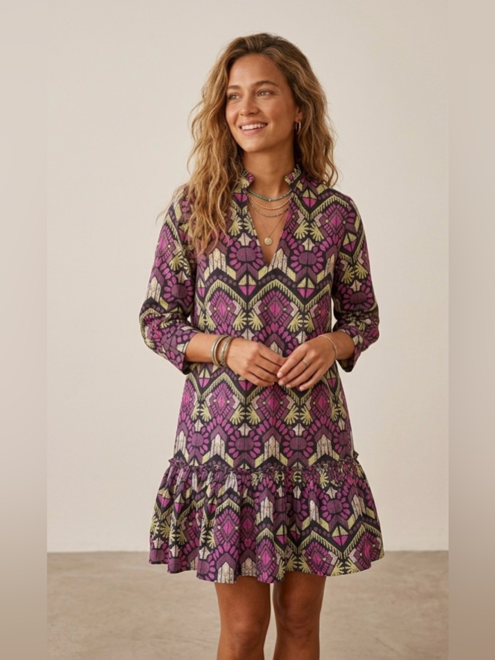 Elizabeth James Pink Purple Cotton Tiered Dress Size XS